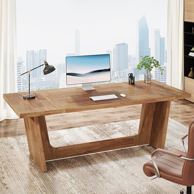 Tribesigns 70.87-Inch Executive Computer Desk: Large Home Office Desk with Solid Wooden Pedestal Industrial Wood Study Writing Table Workstation Business Furniture Walnut