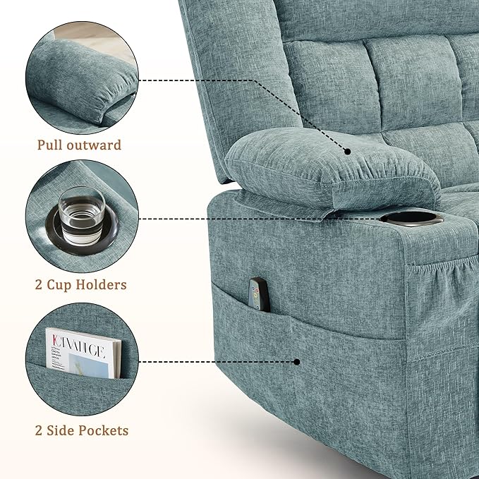Adult 360° Swivel Rocking Recliner Nursery Rocking Chair with Massage and Heating Function Cup Holder Manually Adjustable Seat for Living Room and Bedroom (Fabric Lake Blue)
