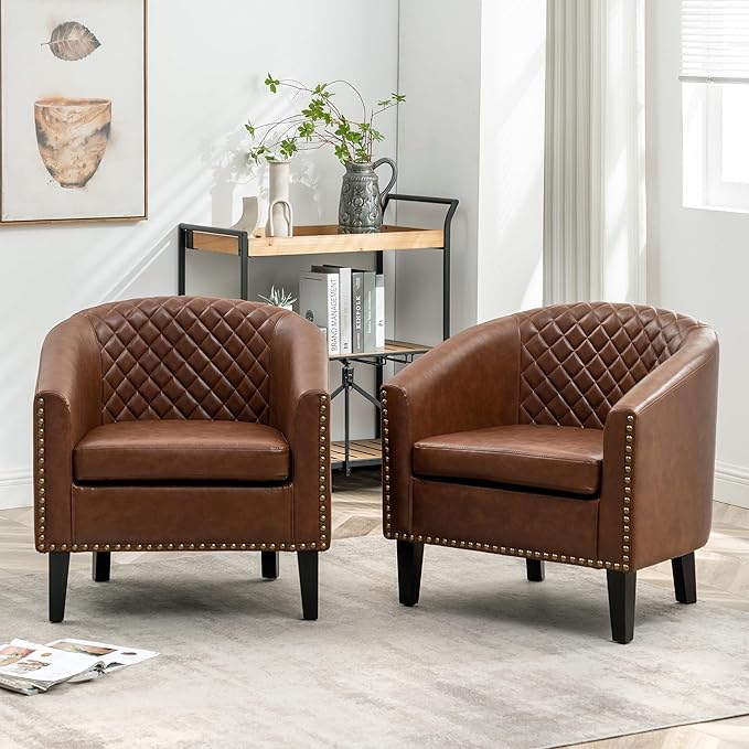 KINWELL 29 W Faux Leather Barrel Chairs Set of 2 Modern PU Upholstered Tufted Club Chairs with Nailhead Trim Small Armchairs Accent Chairs for Living Room Bedroom Apartment Lounge Nursery Brown