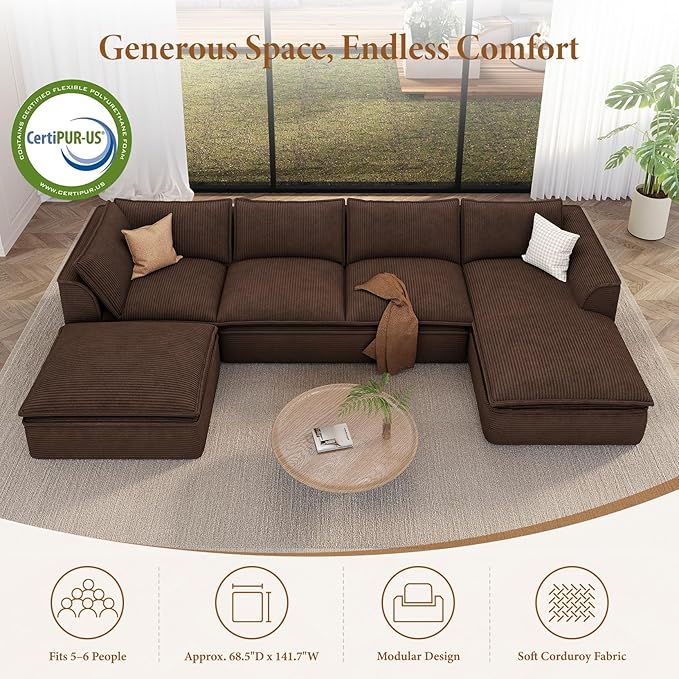 Vesgantti 141.7 U Shaped Boneless Sectional Couch Modern 6 Seater Modular Sofa with Chaise &amp Ottoman Deep Seat Corduroy Cloud Couches for Living Room No Assembly Required Dark Brown