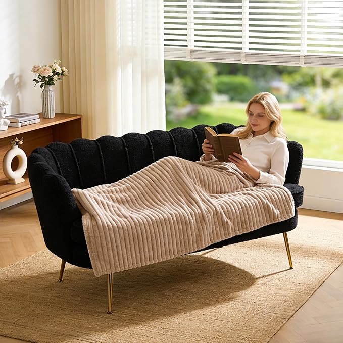 Mlmh &amp Kngwa Sherpa Boucle 2-Seater Sofa 59 Loveset Settee with Gold Metal Legs Comfy Upholstered Floral Mini Couch Sofa for Bedroom Living Room Apartment Black
