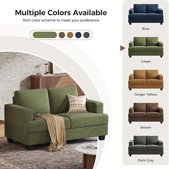 63 Inch Sofa with Extra Deep Seats Oversize Corduroy Fabric 2 Seater Sofa for Living RoomModern Couch and Loveseat Comfy Armrests and Seats and Backrests Easy Installation Green