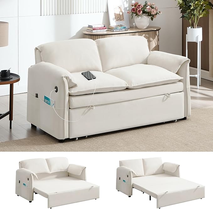 63 Velvet Pull Out Sofa Bed 3-in-1 Convertible Futon Loveseat Queen Sleeper Sofa Couch Bed with Adjustable Backrest USB Ports &amp Side Pockets Modern Sofas for Living Room Apartment Beige