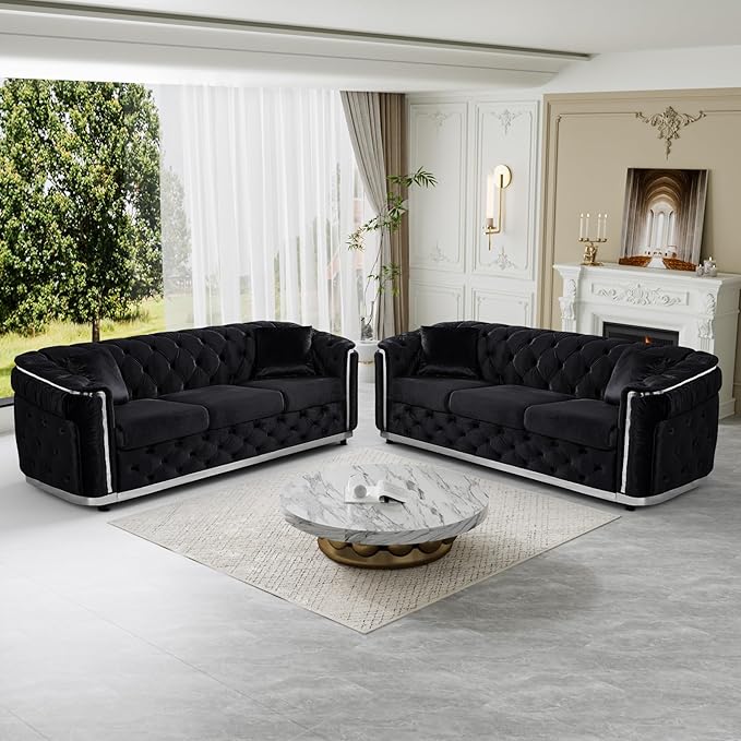 Velvet Couch Black and Silver Sofa Luxury Loveseat 84.6 Mid Century Modern Chesterfield Sofa Couch for Living Room Tufted Sofas with 2 Pillows &amp Classic Golden Decor Black