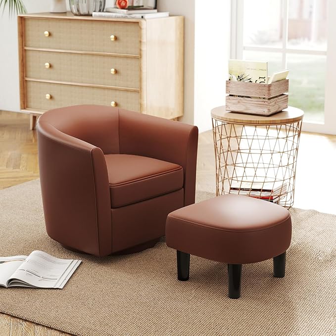 GOFLAME Swivel Barrel Chair with Ottoman Modern Faux Leather Accent Chair with Footrest Curved Backrest Removable Seat Cushion Upholstered Club Tub Sofa Chair for Bedroom Living Room Brown
