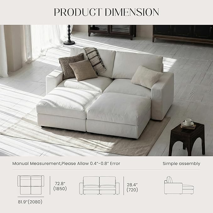 Cloud Couch Sectional 81.1'' Oversized White Modular Cloud Sofa with Storage Ottoman Deep Seating with Washable Covers Cloud Couches for Living Room Loveseat with 2 Ottoman