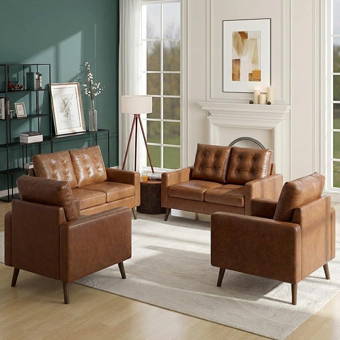 Wahson 53 Wide Loveseat with Armrest Upholstered 2-Seater Tufted PU Leather Double Sofa Mini Sofa with Wooden Legs Mid Century Modern Couch for Bedroom/Living Room Brown