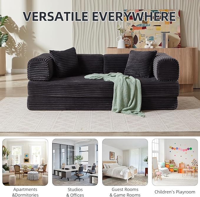4-in-1 Convertible Folding Sleeper Sofa Bed Plush Corduroy Foldable Mattress Couch with Fixed-Shape Frame Floor Compressed Sofa for Living Room Bedroom (Dark Grey)