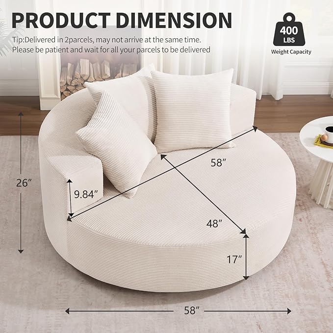 CANMOV Oversized Round Swivel Chaise Longue Chair Indoor Upholstered Corduroy Deep Seat Cloud Large Circle Sofa Chair Modern Single Cloud Sofa Bed for Living Room Bedroom Apartment Office Beige