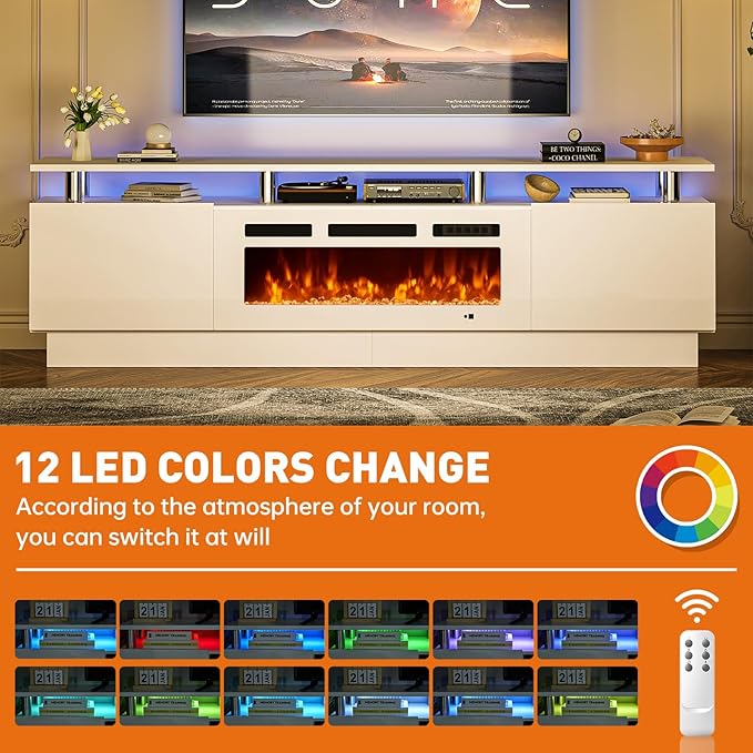 MXV 80 Fireplace TV Stand Modern Entertainment Center &amp 36 Inch Electric Fireplace with Remote Control LED Light Fire Place Tv Stand for Living Room for TVs up to 90 White + White