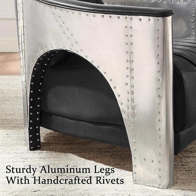 Zouron Vintage Leather Accent Chair Upholstered Living Room Chair with Aluminum Legs and Handcrafted Rivets Genuine Leather Single Sofa Chair Barrel Aviator Chair Black