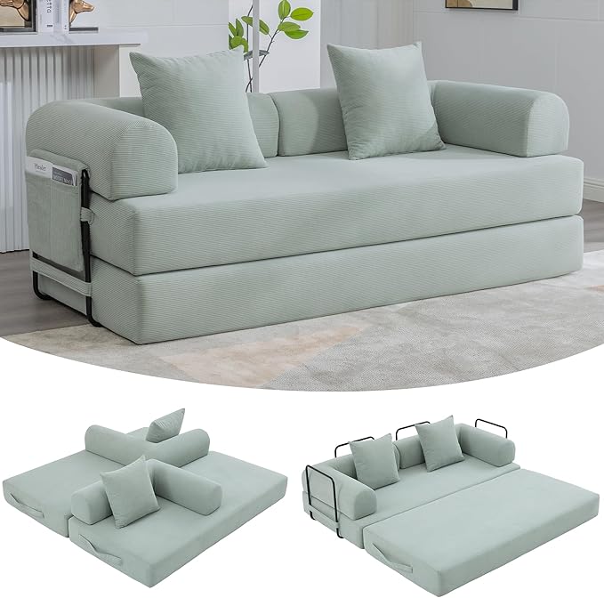 Convertible Sleeper Sofa Bed 78.5 Folding Floor Sofa Mattress Couch with Pillows Corduroy Futon Boneless Couch Lounge Loveseat with Pull Out Bed Mint Blue