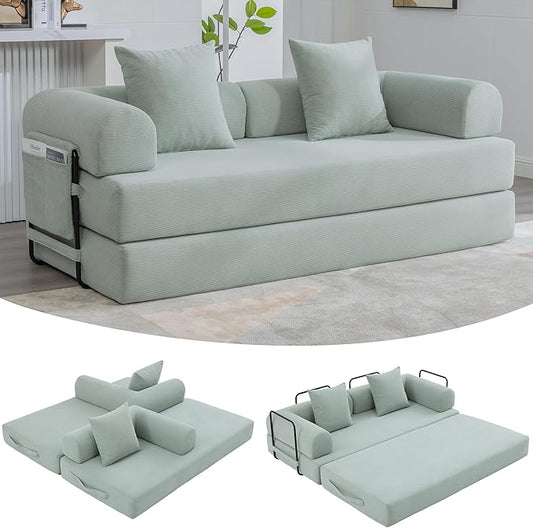 4‑in‑1 Convertible Sleeper Sofa Bed DIY Combination Floor Sofa Lounge Couch with Cylindrical Pillow Corduroy Futon Folding Mattress Couch for Apartment Bedroom Playroom Mint Blue