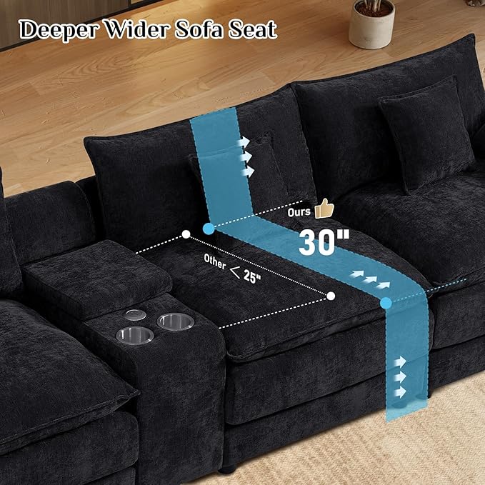 164 Oversized Modular Sectional Sofa Modern U Shaped Cloud Couch 6 Seat Sofa Set for Living Room Comfy Chenille Deep Seat with Storage Central Console Movable Ottomans Cup Holders USB Ports Black