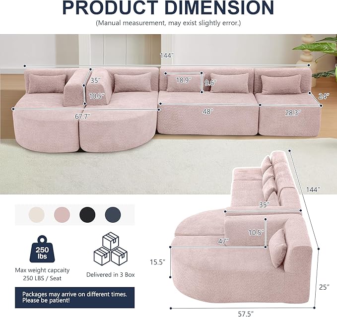 144 Oversized Sectional Couches for Living Room Modern Luxury Chenille 5-Seater Sofa Deep Seat Curved Cloud Couch Modular Sofa with Chaise Lounges &amp 5 Pillows No Assembly Required (Pink)