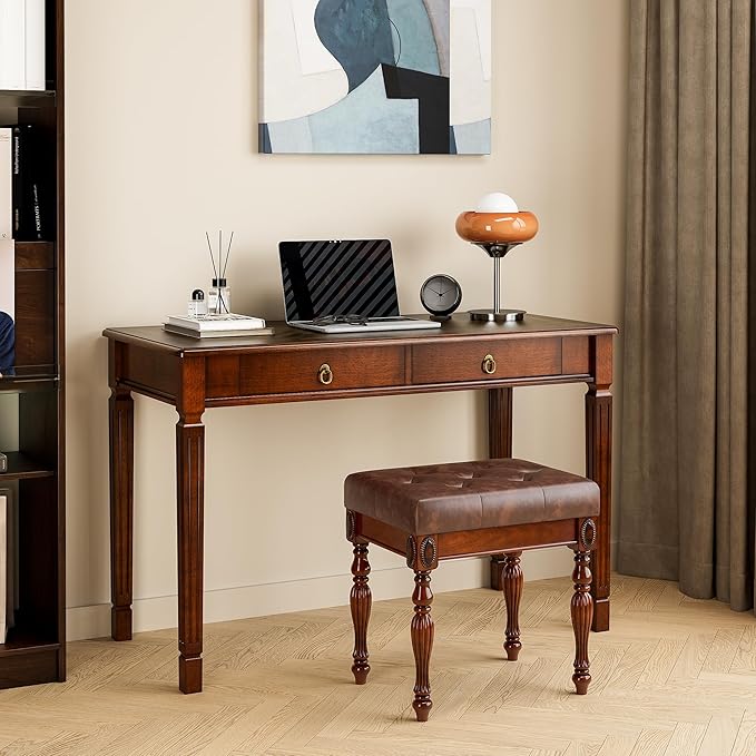Solid Wood Makeup Vanity Table Set 46.1 Large Dressing Vanity Table with 2 Drawers and Vanity Bench Stool Writing Desk with Solid Wood Legs &amp Button Tufted Cushioned Stool Cherry&ampBrown