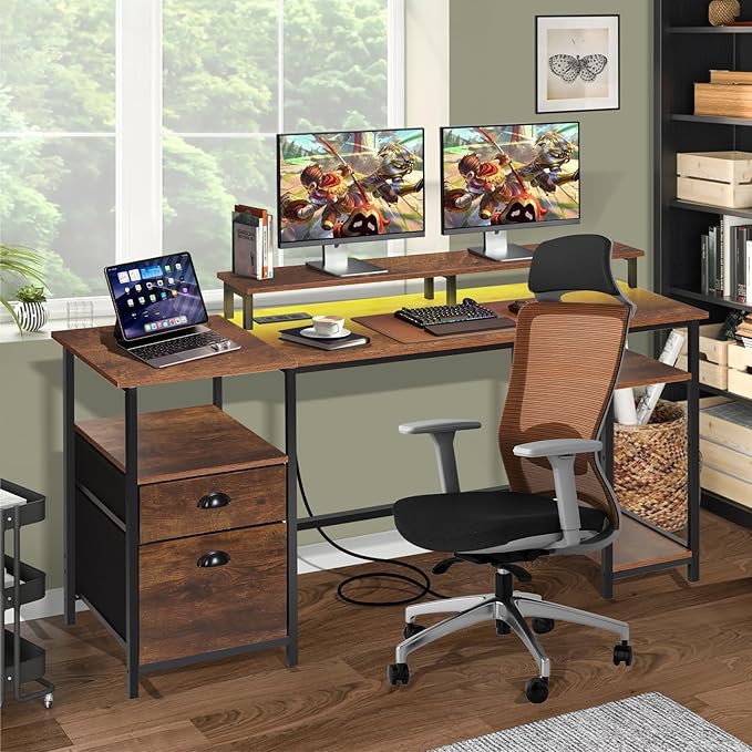 Panana 61.4 Computer Desk with Power Outlet and LED Lights Desk with 2 Fabric File Cabinet Drawer Large Reversible Gaming Desk with Shelves and Monitor Stand Writing Study Desk for Home Office
