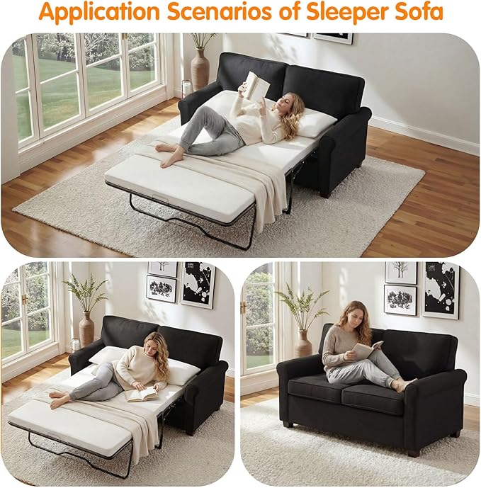 57 Pull Out Sofa Bed with Mattress Convertible Sofa Bed Loveseat Twin Sleeper Sofa Couch with Pocketed Coil Seating Upholstered Fabric Sofa Bed for Small SpacesBlack | sofa bed futon sofa bed s