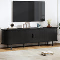 70.8 TV Stand with Power Outlet Mid-Century Modern Television Stand Fluted Media Console with Sliding Doors Entertainment Center for TVs up to 60 Inch Adjustable Shelves Black