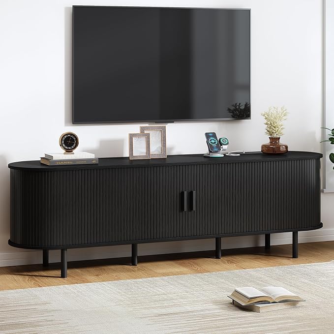 70.8 TV Stand with Power Outlet Mid-Century Modern Television Stand Fluted Media Console with Sliding Doors Entertainment Center for TVs up to 60 Inch Adjustable Shelves Black