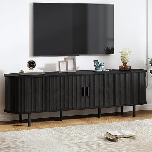 70.8 TV Stand with Power Outlet Mid-Century Modern Television Stand Fluted Media Console with Sliding Doors Entertainment Center for TVs up to 60 Inch Adjustable Shelves Black