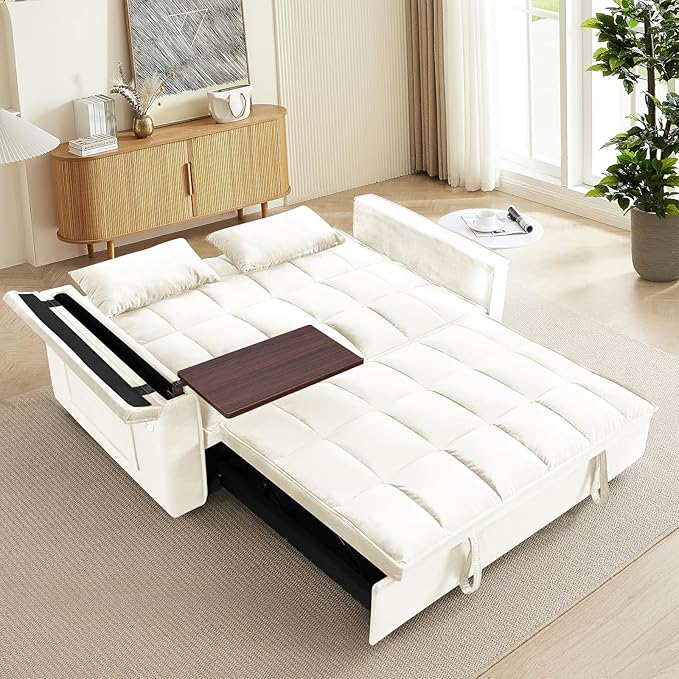 3 in 1 Sleeper Sofa BedConvertible Pull-Out Couch BedFuton Couches for Living Room with Side Pocket and Adjustable Backrest | USB Ports丨Sida Table丨Velvet Fabric | Small Loveseat CouchBeige