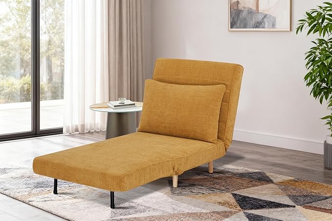 3 in 1 Sleeper Chair Bed Foldable Convertible Chair with Thickened Cushion and Sponge OTE Chenille Fabric Adjustable Backrest Upholstered Accent Chair for Apartment/Bedroom/Office - Yellow Brown