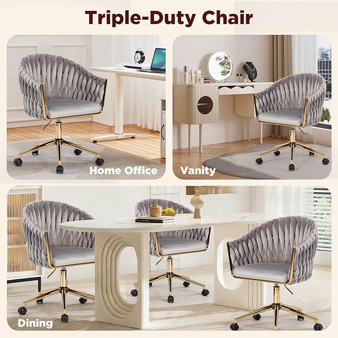 Velvet Office Chair with Hand Woven Back Vanity Desk Chairs with Golden Wheels Swivel Home Office Desk Chair Accent Makeup Desk Chair for Bedroom Living Room(Grey)