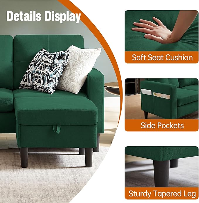 Sectional Sofa Couches for Living Room L Shaped Couch 3-Seat Convertible Sectional Sofas with Removable Storage Ottoman Modern Polyester Fabric (Green)