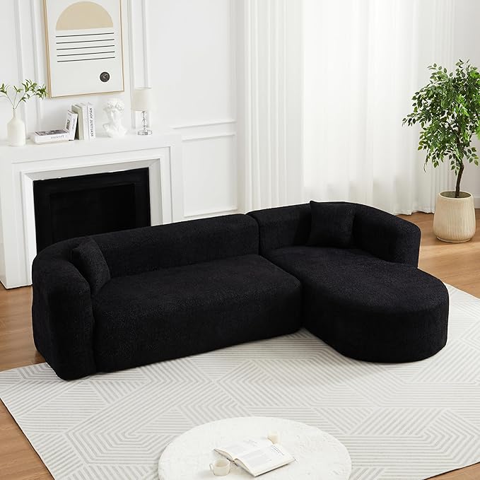 KEIKI 109.4 Curved Sectional Sofa Chenille Cloud Couch with 2 Pillows L-Shape Boneless Right Facing Sofa for Living Room Guest Bedroom Black