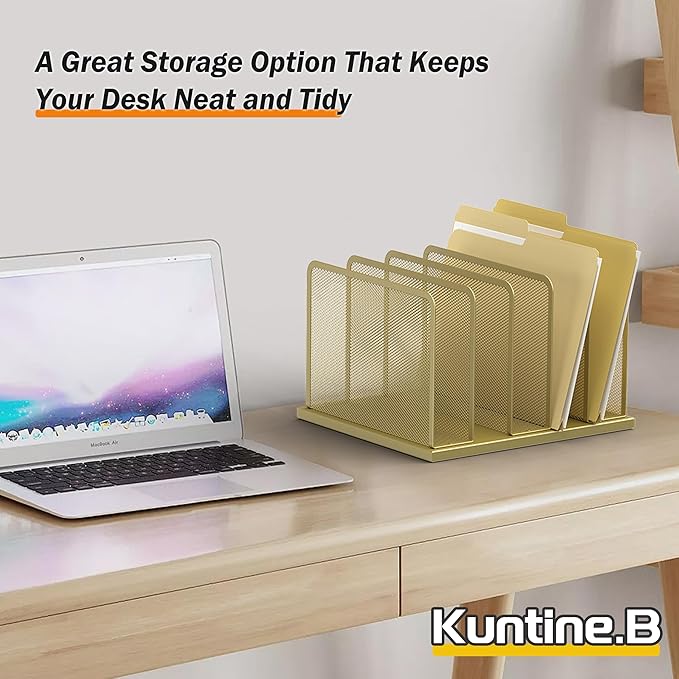 Kuntine.B Desk File Organizer Upright Mesh Desktop Organizer File Sorter Office Organization File Holder for Home Office &amp Classroom (Gold 1 Pack 5-Section)