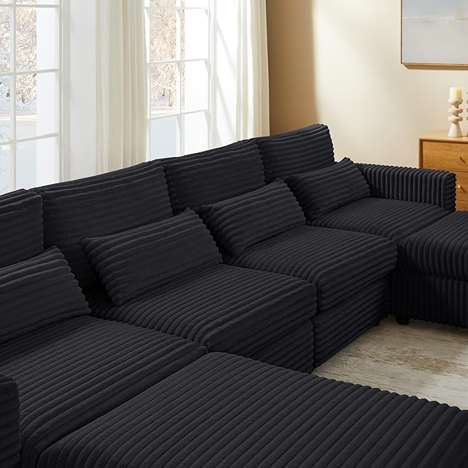 VANOMi 82 Modular Sectional Sofa Bed with Storage Ottomans Convertible Comfy 4-Seater Corduroy Cloud Couch Modern Sleeper Chaise for Living Room (Black Sleeper Bed-3)