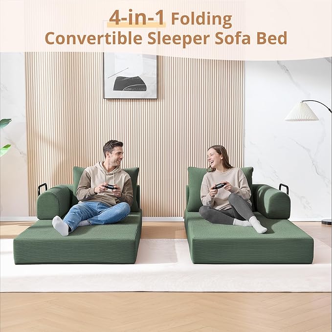 4-in-1 Folding Convertible Sofa Bed 78 Inch Oversized Corduroy Loveseat Sleeper with Pull Out Bed Boneless Futon Couch for Living Room Bedroom No Assembly Needed Green