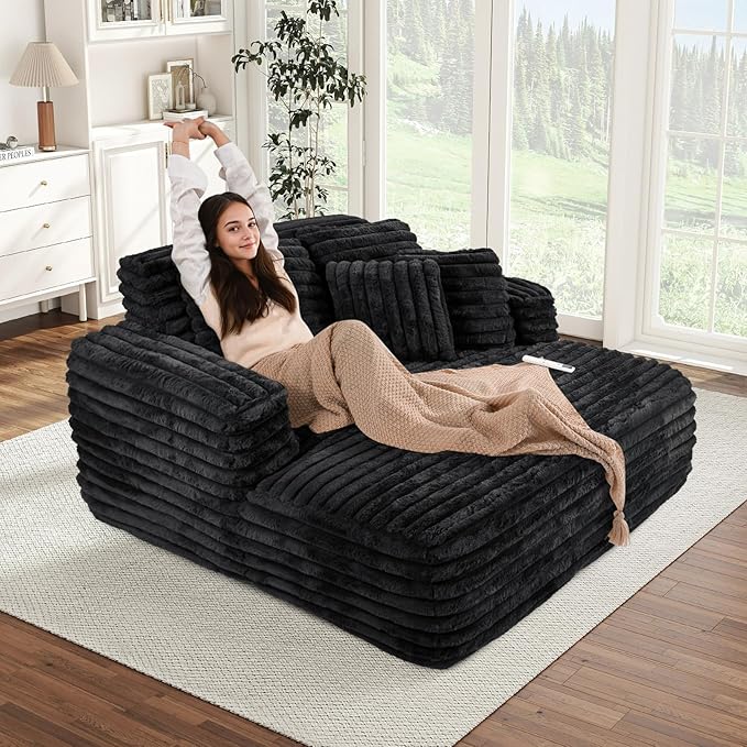 Chaise Lounge Chair Indoor Comfy Corduroy Plush Fluffy Foam Floor Compressed Sofa Chair Leisure Reading Single Sleeper Chaise Chair for Living Room Bedroom Office Pillows Included (Black)