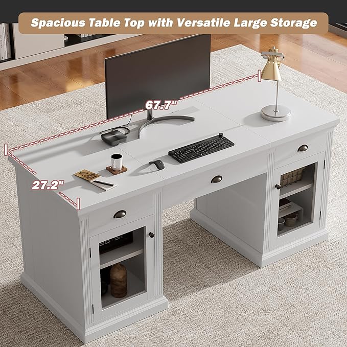 Merax 67 Executive Desk with Drawers Modern Home Office Desk with Charging Station Glass Doors Cabinet Storage Wood Computer Desk for Work and StudyWhite