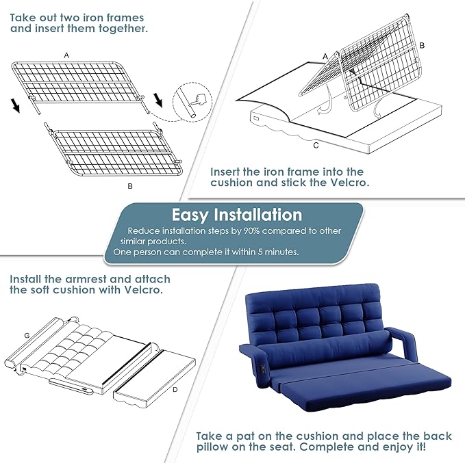 STHOUYN Comfy Bedroom Chair with 2 USB Charging Ports 5-Position Floor Couch Gaming Chairs for Adults Lounge Chair Indoor Folding Lazy Sofa Meditation Arm Dorm Chair Living Room (Navy Blue)