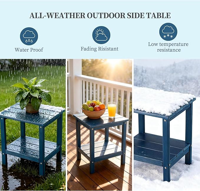 Outdoor Side Table Double Layer Small Side TablesAll Weather Adirondack Side Table Waterproof Outdoor End Tables for Patio Pool Porch (Navy Blue)