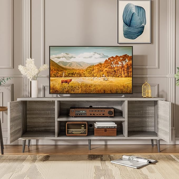 JUMMICO TV Stand for 65 Inch TV Mid Century Modern TV Stand Entertainment Center with Storage Cabinet and Open Shelves TV Console Table Media Cabinet for Living Room and Bedroom (Gray)
