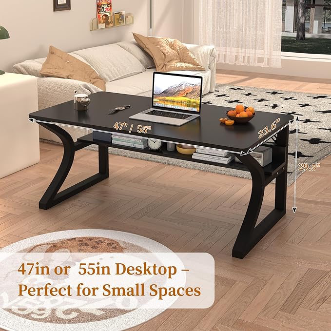 AZN Computer Desk Computer Desk 55in Office Desk w/Metal Frame &amp Storage Office Desk for Study Writing Work Game Home Office Desk Computer Desks w/Waterproof &amp Scratch-Resistant Surface B