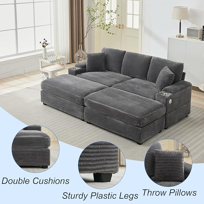 86.6 Sectional Sofa Couch with 2 Ottomans Comfy Corduroy Upholstered Cloud Modular Convertible Couch with Cup Holders and USB Armrest Storage Deep Seat Oversized Loveseat for Living Room Grey
