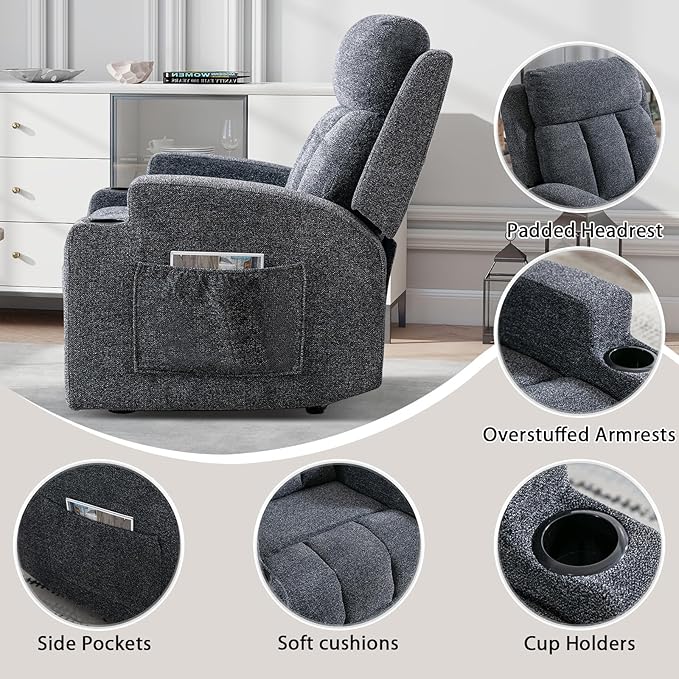 CANMOV Manual Massage Heat Recliner Chair Set of 3 Soft Fabric Recliner Chair with Overstuffed Arm and Back Manual Reclining Single Sofa with 2 Cup Holders Side Pocket for Living Room Dark Grey