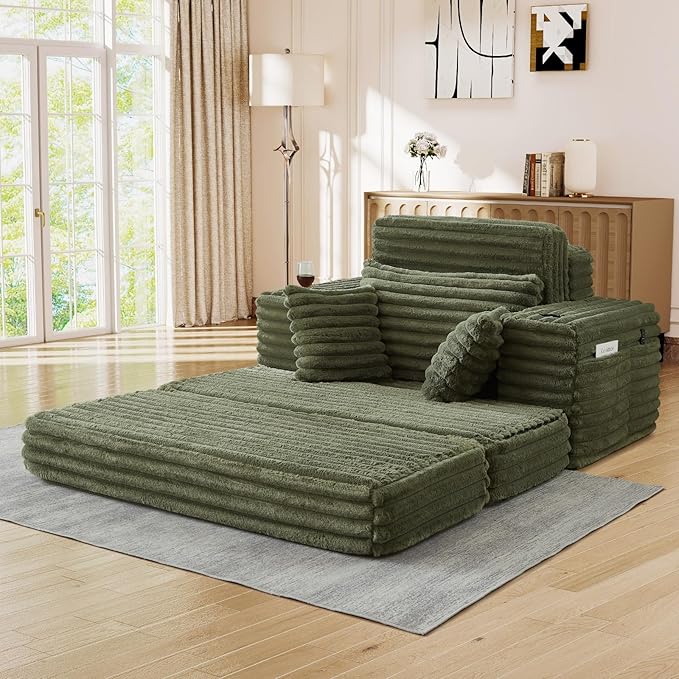 5-In-1 Oversized Chaise Lounge Chair Indoor with Ottoman54.5W Faux Fur Convertible Folding Sleeper Sofa Bed with Cup Holder&ampSide PocketComfy Boneless Couch Sofa Chair for Living RoomBedroom(Gr