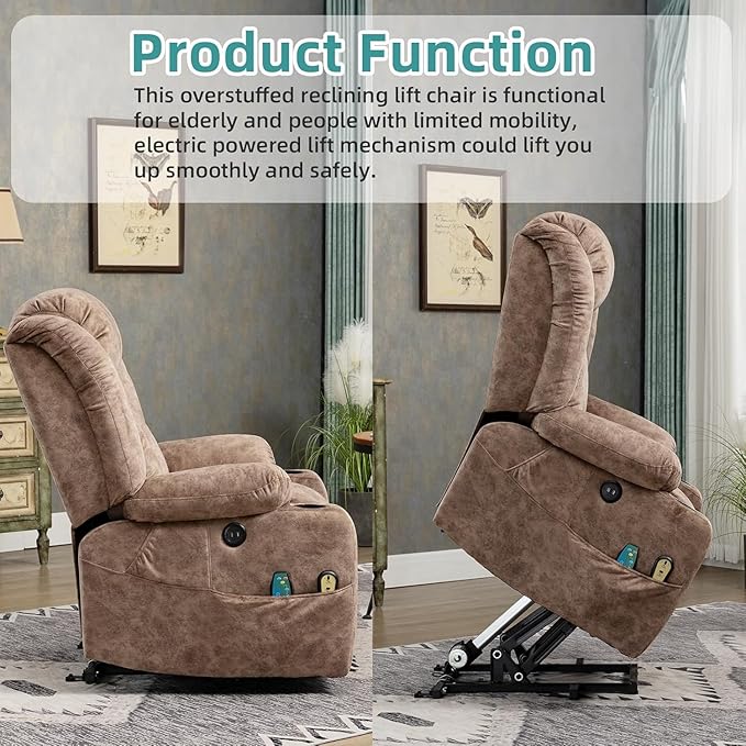 MEETWARM Large Power Lift Electric Recliner Chair with Extended Footrest for Big Tall Man Overstuffed Wide Recliner with Heat and Massage 2 Remote Controls/4 Side Pockets/USB Ports(Plush-Brown)
