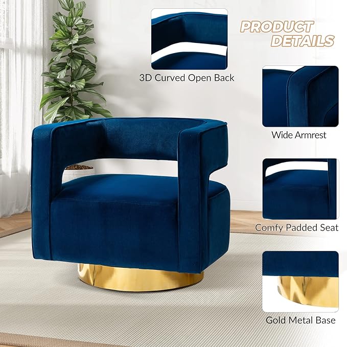 TINA'S HOME Swivel Accent Barrel Chair Modern Velvet Armchair with 3D Curved Open Back &amp Swivel Gold Metal Base Upholstered Club Chair for Living Room Bedroom Nursery Navy(No Assembly Required)