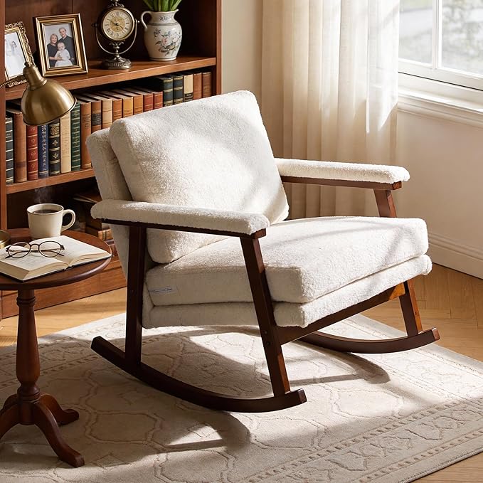 Rocking Chair for Nursery Living Room &amp Bedroom Upholstered Accent Chair with Solid Rubberwood Frame Cozy Reading Chair for Small SpacesWhite