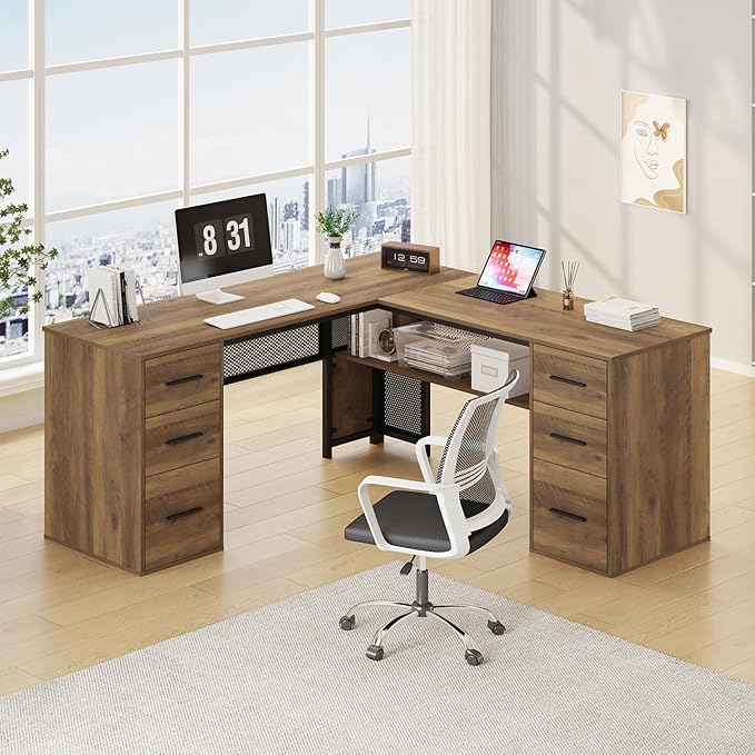 HSH Large L Shaped Home Office Desk with Drawers Rustic L-shaped Computer Desk with Storage File Cabinet Shelves Corner Reversible Metal Wood Executive Work Study Writing Table 59 Inch Bedroom Desk