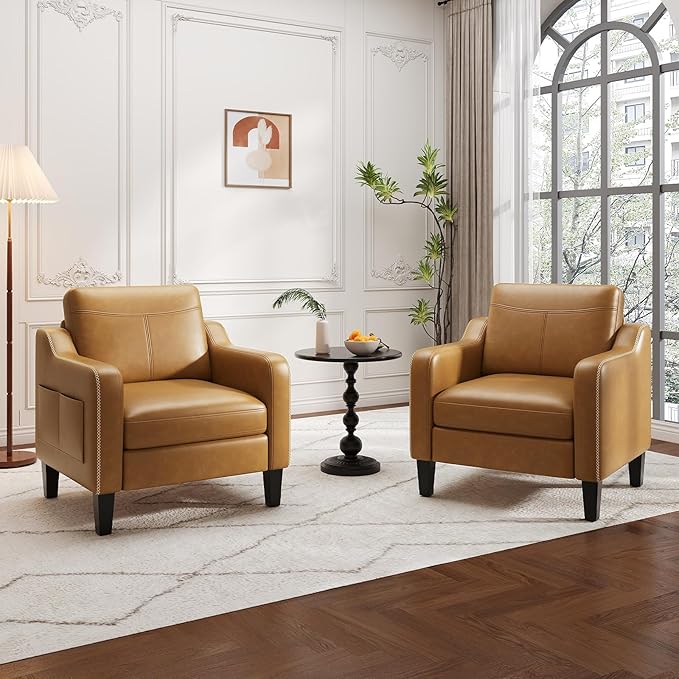 PU Leather Accent Chair Set of 2 Mid-Century Modern Living Room Armchair Sofa with Removable Cushions Solid Wood Frame &amp Stitched Armrest Design Bedroom Chair with Plastic Legs Brown