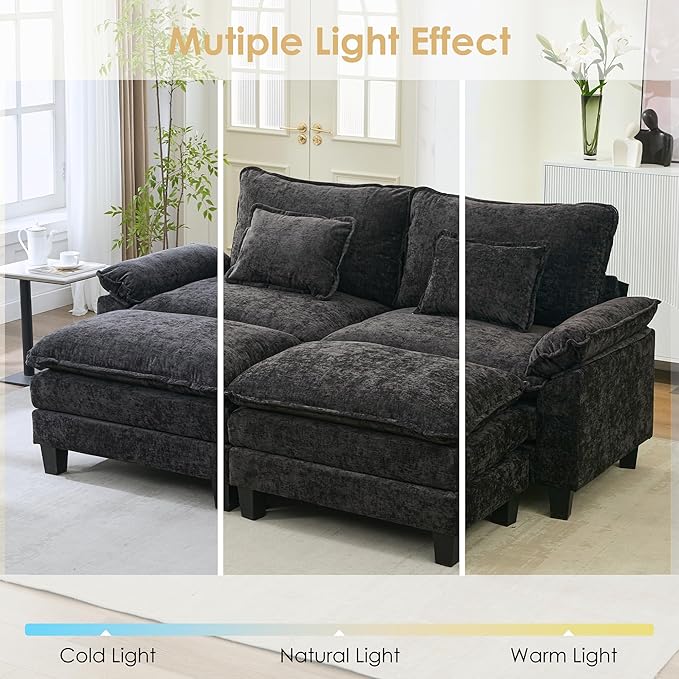 URRED Cloud Couch Modular Sectional Sofa 87 Modern Loveseat Sofa with 2 Ottomans &amp Pillows Ultra Comfy Chenille Couches for Living Room Bedroom or Apartment Black