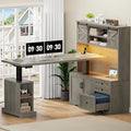 70.86 Farmhouse L Shaped Standing Desk with Hutch Electric Height Adjustable Desk with Storage Corner Computer Desk with File Drawer Power Outlets LED Gaming Desk with Sliding Door Grey