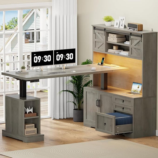 70.86 Farmhouse L Shaped Standing Desk with Hutch Electric Height Adjustable Desk with Storage Corner Computer Desk with File Drawer Power Outlets LED Gaming Desk with Sliding Door Grey